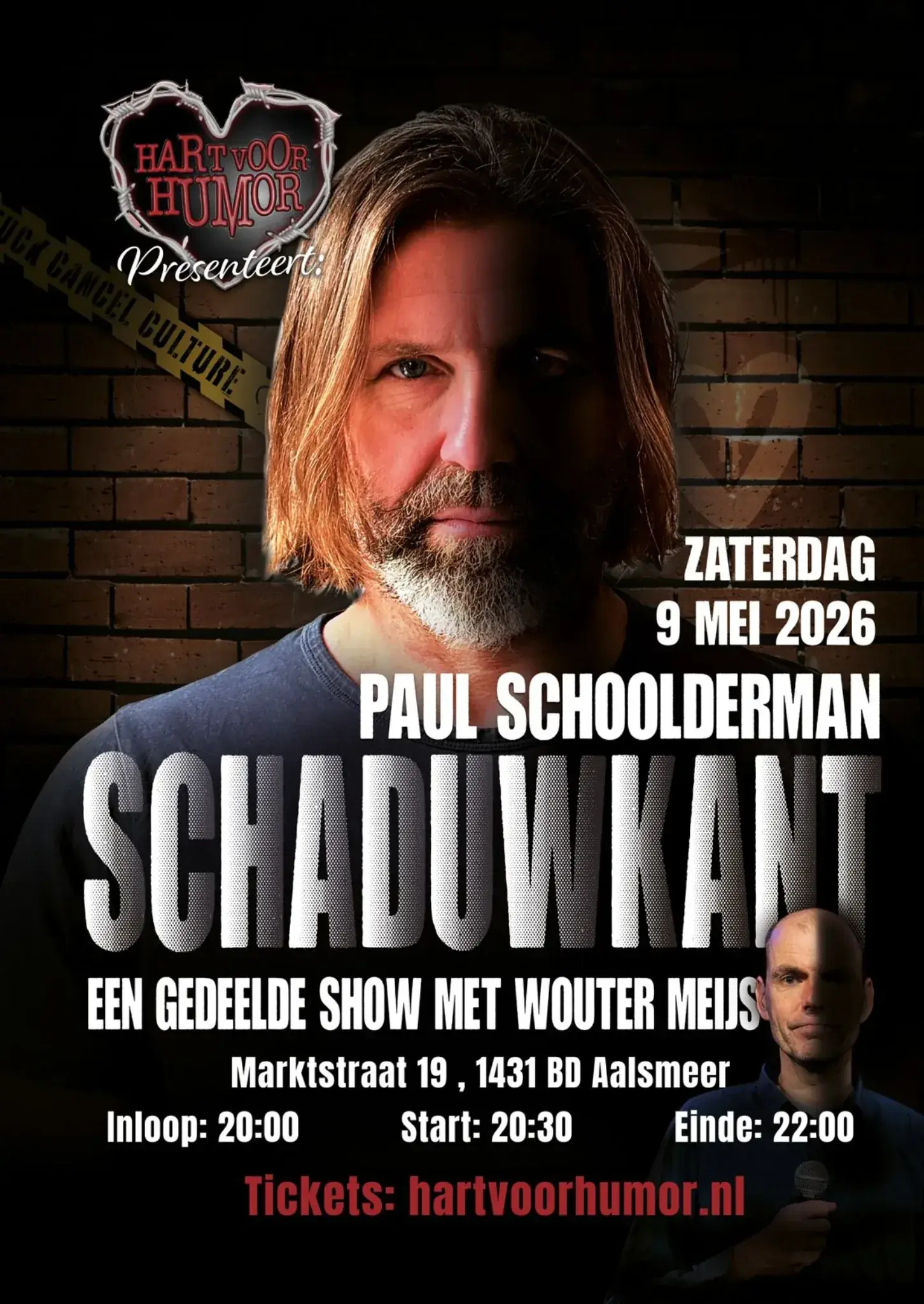Poster van Schaduwkant met Paul Schoolderman voor Hart voor Humor.